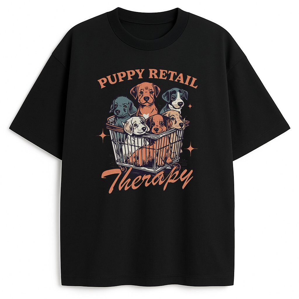 Czarna koszulka dla miłośniczki psów Puppy Retail Therapy z pieskami w koszyku zakupowym