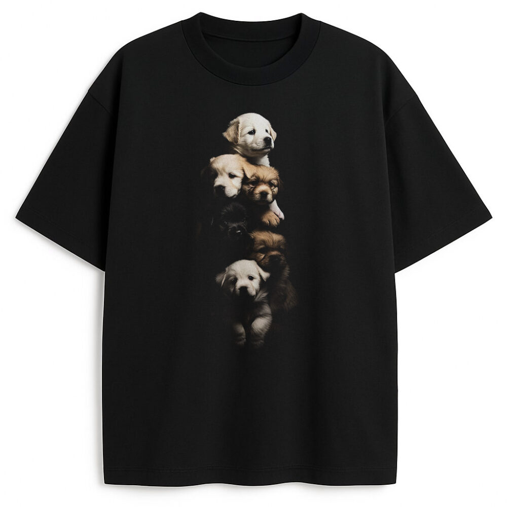 Czarna koszulka ze szczeniakami Pieski z nastrojowym nadrukiem małych piesków