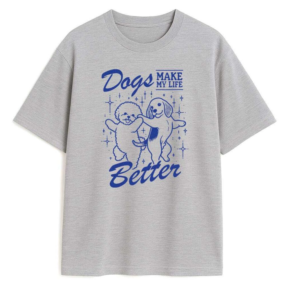 Szara koszulka z granatowym nadrukiem dwóch psów, widok z przodu