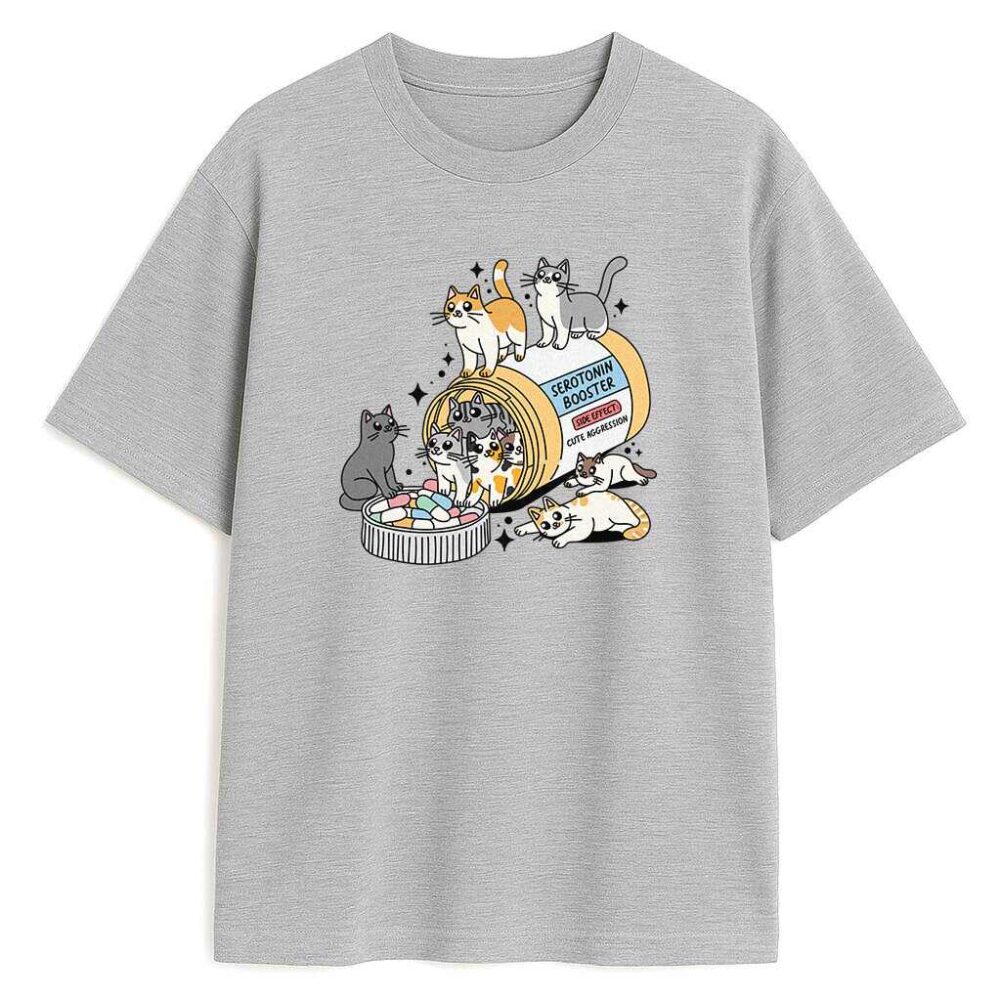 szara koszulka z nadrukiem koty i tabletki