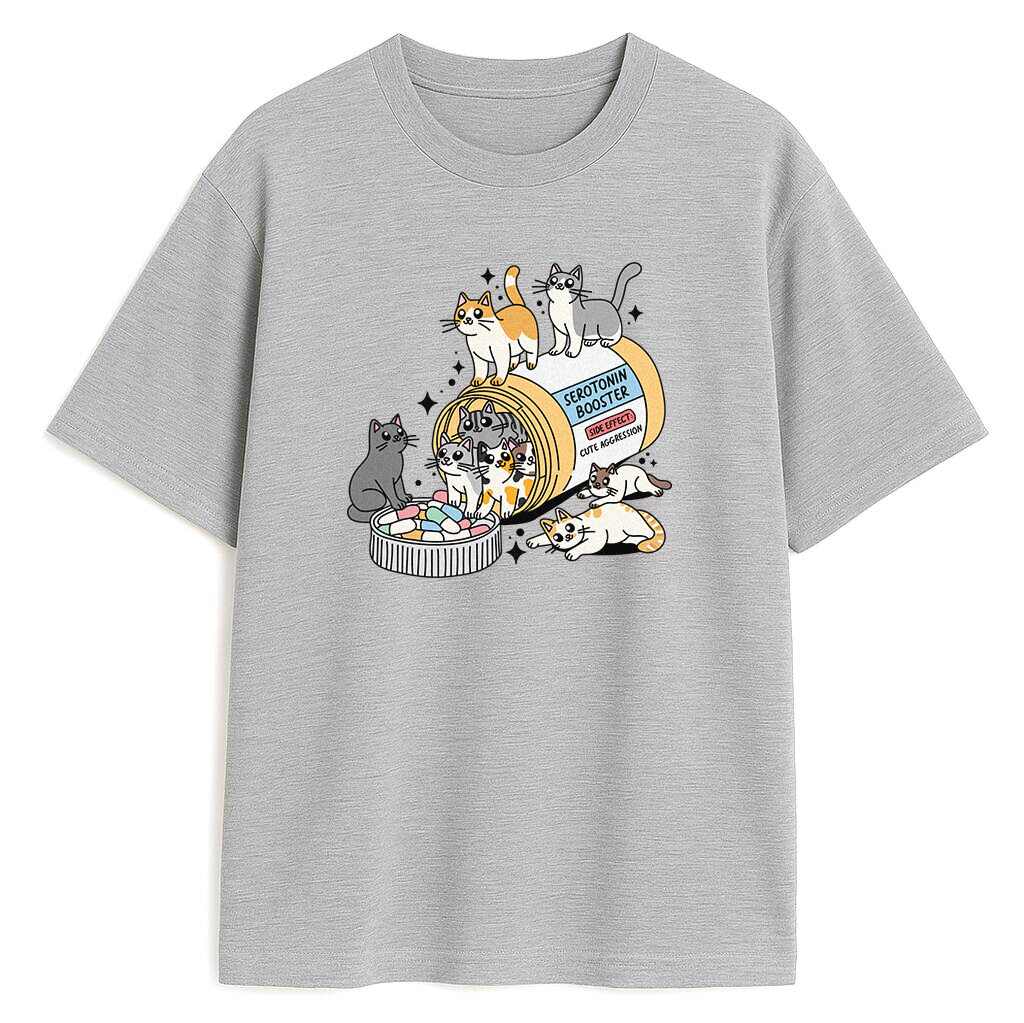 szara koszulka z nadrukiem koty i tabletki