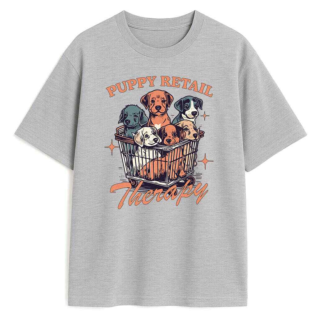 Szara koszulka dla fanki psów Puppy Retail Therapy z nadrukiem piesków