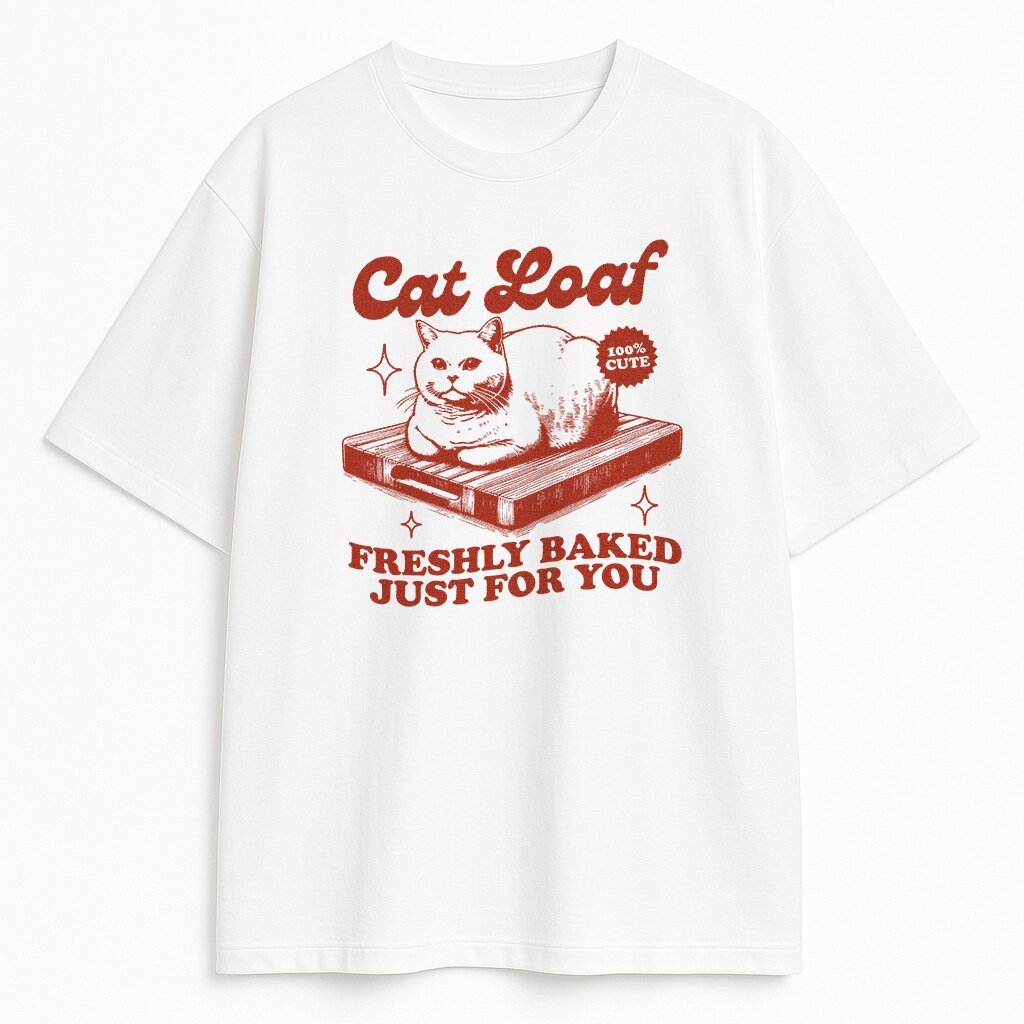 T-shirt Cat Loaf – biały, przód z czerwonym nadrukiem kota na desce i napisem “Freshly baked just for you”