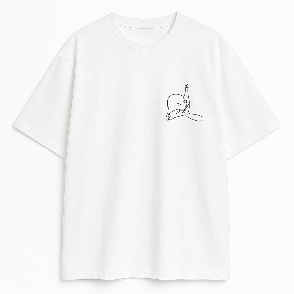 biały t-shirt kot minimalistyczny nadruk yoga