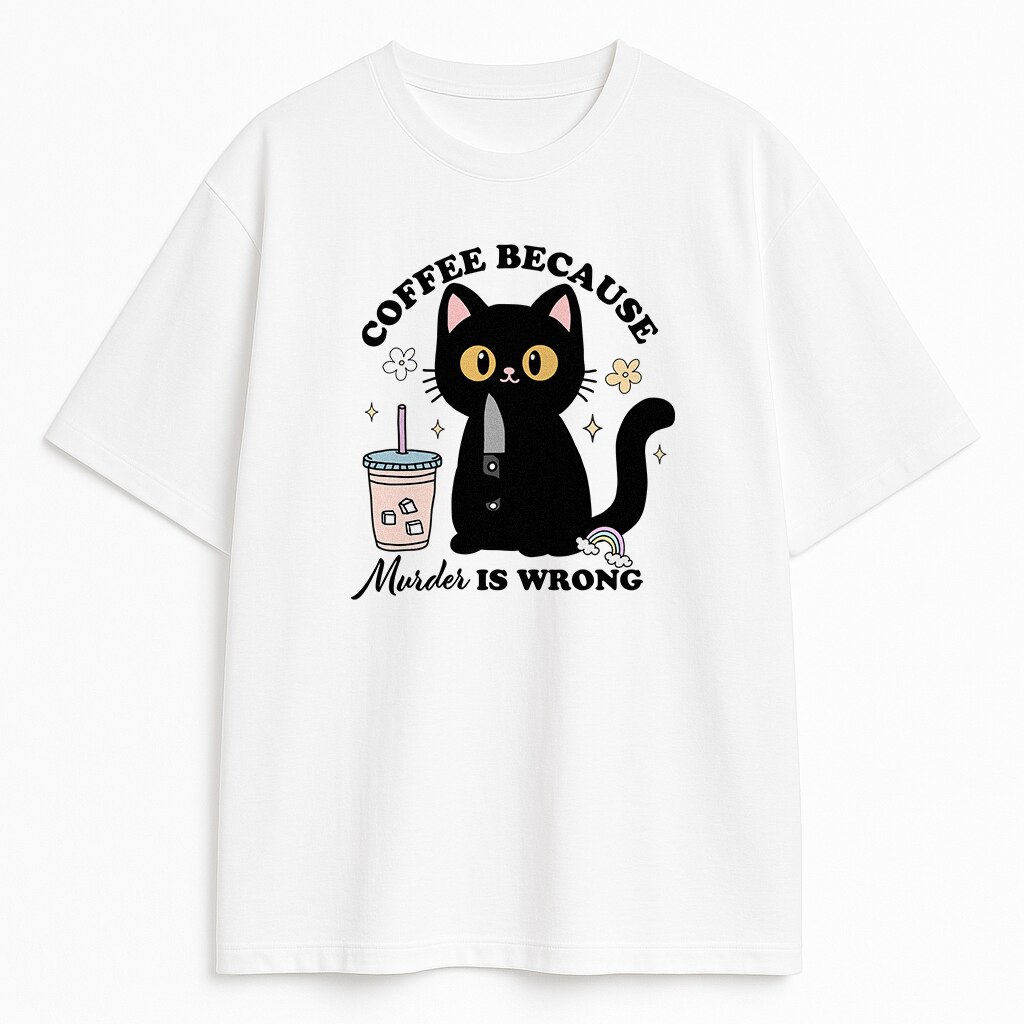 T-shirt Coffee Murder z nadrukiem kota i kubkiem kawy na białej koszulce - zabawny komiksowy mem dla kociarzy