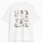 Biała koszulka z lineartem kotów i kociąt w stylu vintage