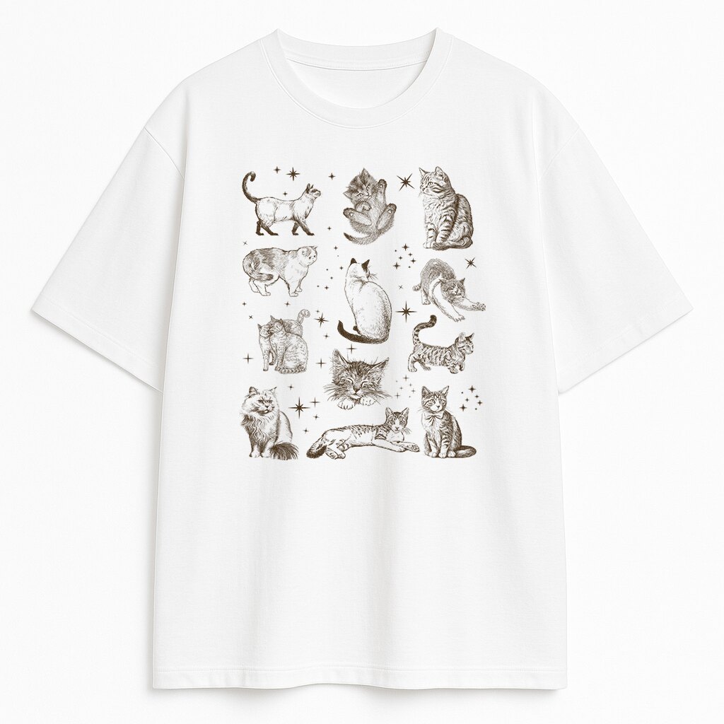 Biała koszulka z lineartem kotów i kociąt w stylu vintage