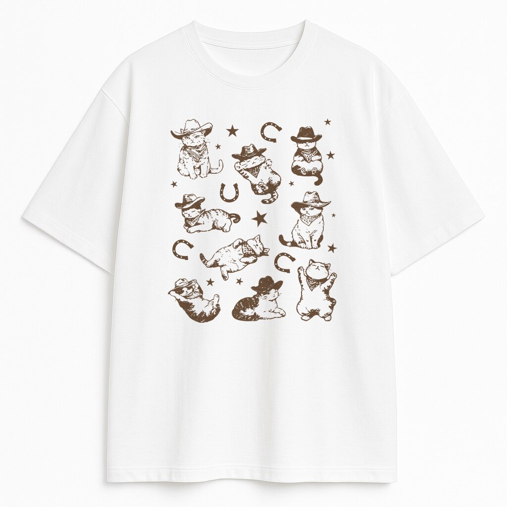 biała koszulka lineart koty kowboje vintage