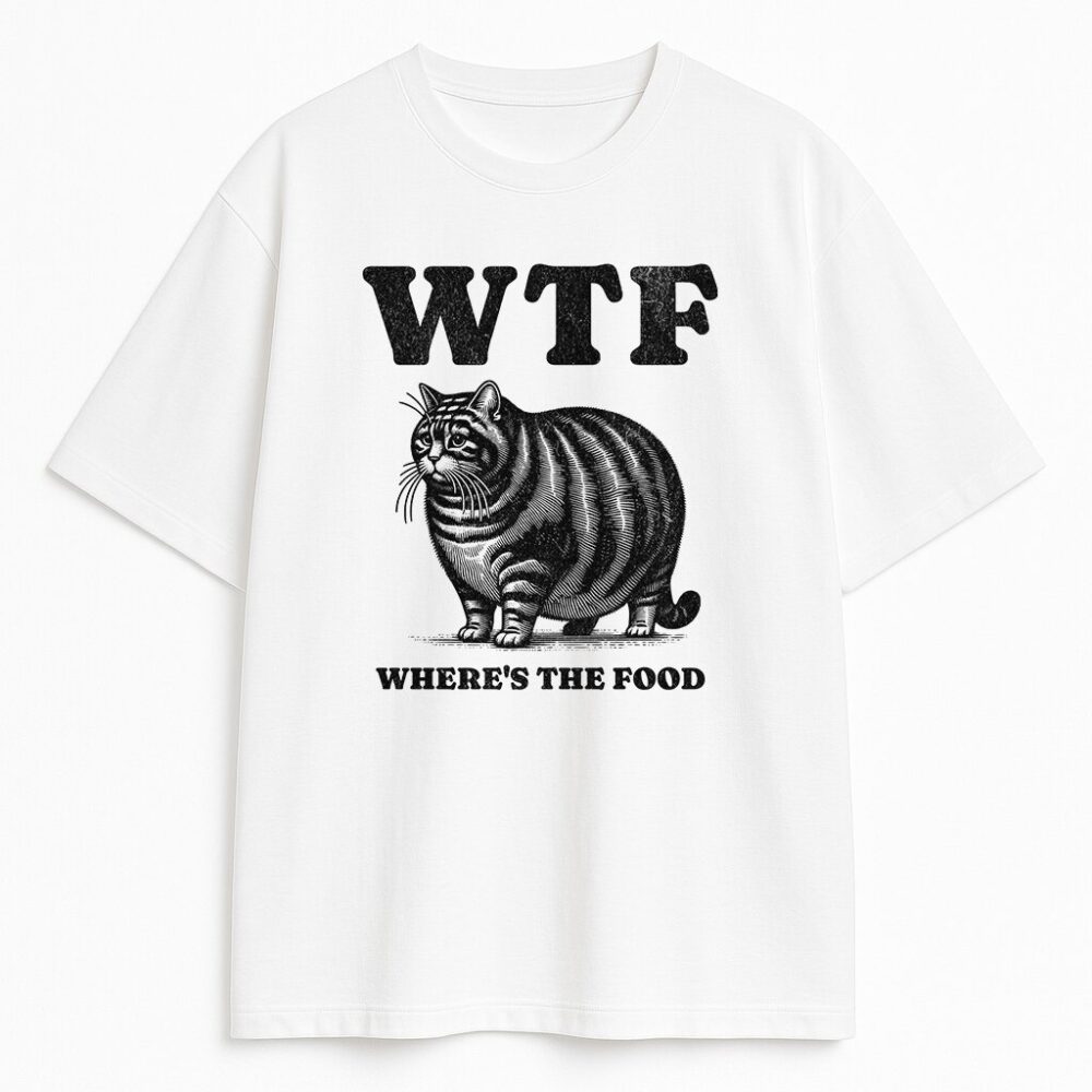 t-shirt wtf cat biały - koszulka z kotem where's the food