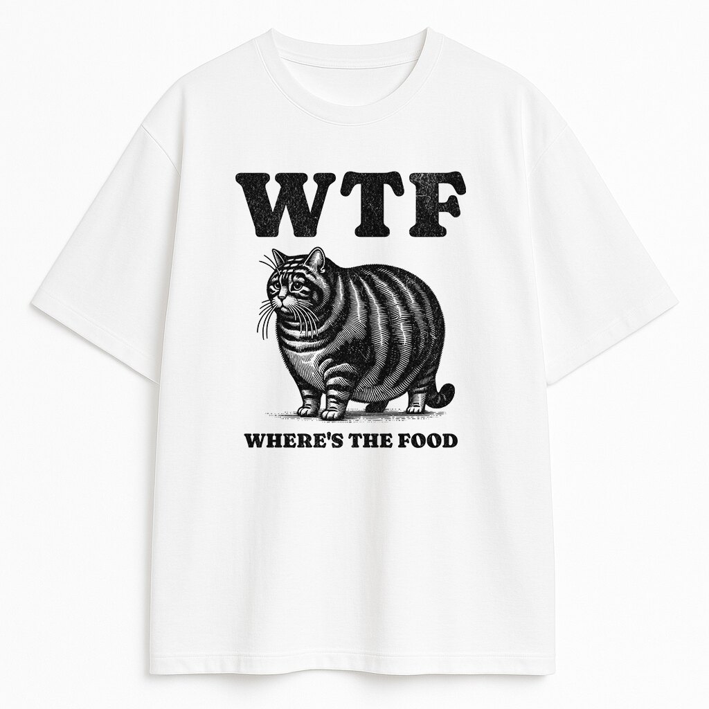 t-shirt wtf cat biały - koszulka z kotem where's the food