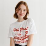 Modelka w białym T-shircie Cat Loaf z czerwonym nadrukiem kota – portret, widok z przodu