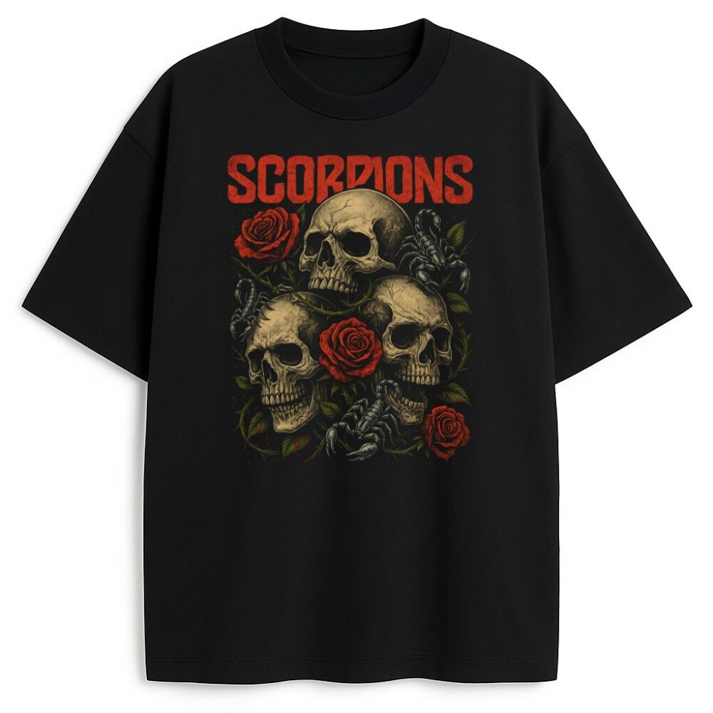 Czarna koszulka Scorpions Skulls z czaszkami, różami i skorpionami