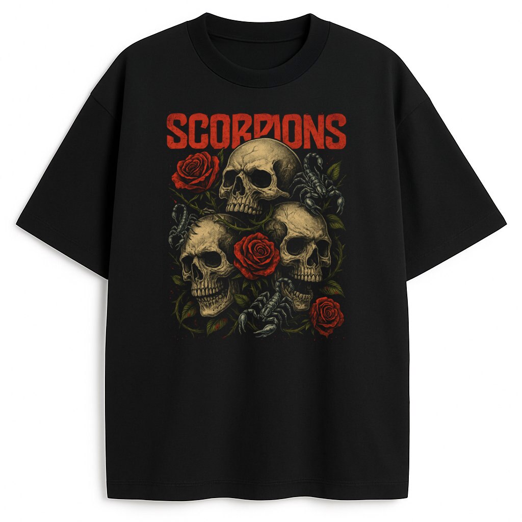 Czarna koszulka Scorpions Skulls z czaszkami, różami i skorpionami
