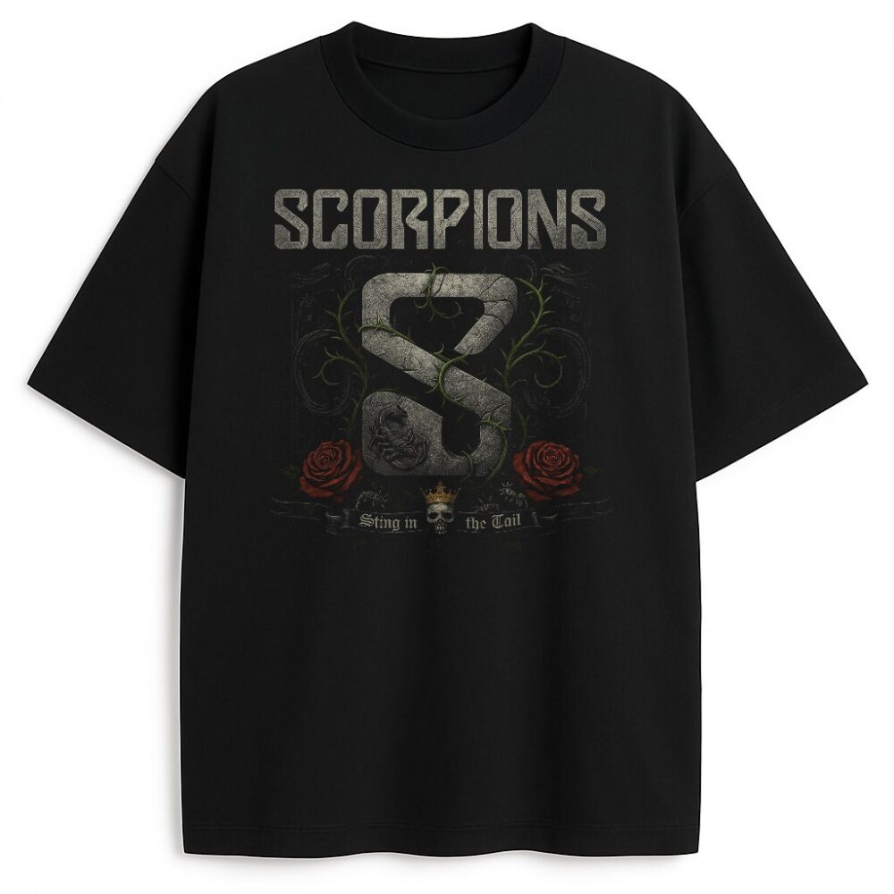 T-shirt Scorpions Sting in the Tail z gotyckim motywem litery S i różami