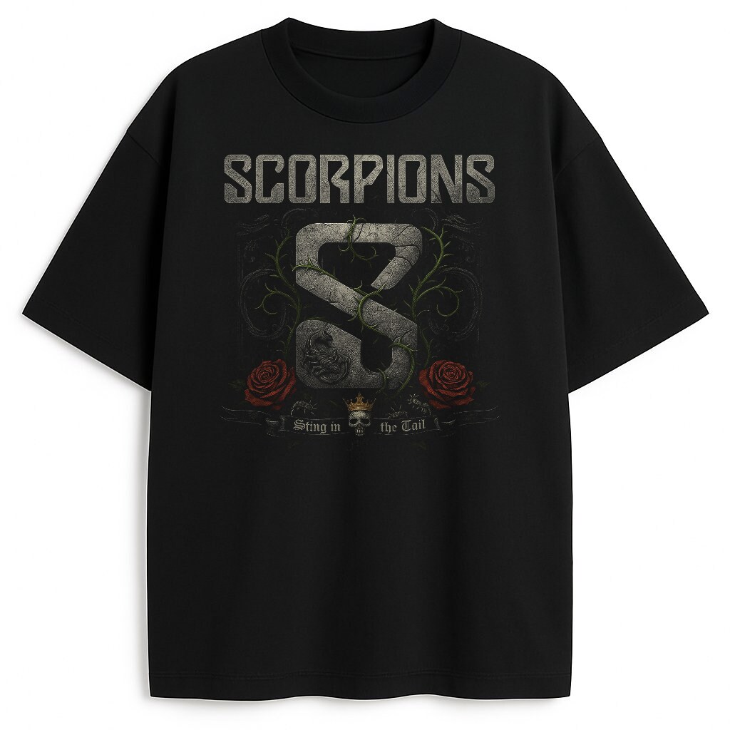 T-shirt Scorpions Sting in the Tail z gotyckim motywem litery S i różami