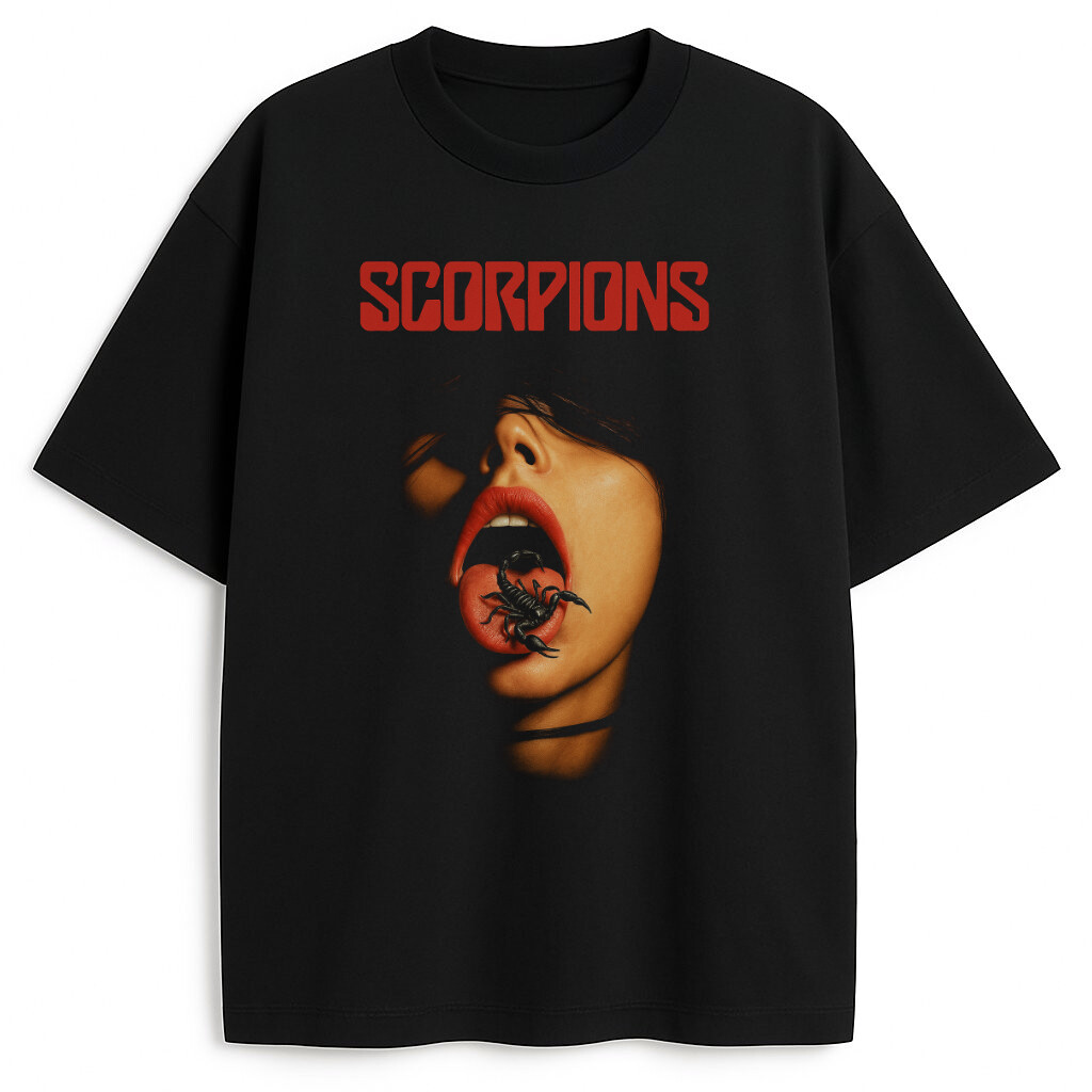 Czarna koszulka Scorpions Venom Kiss z grafiką ust i skorpiona