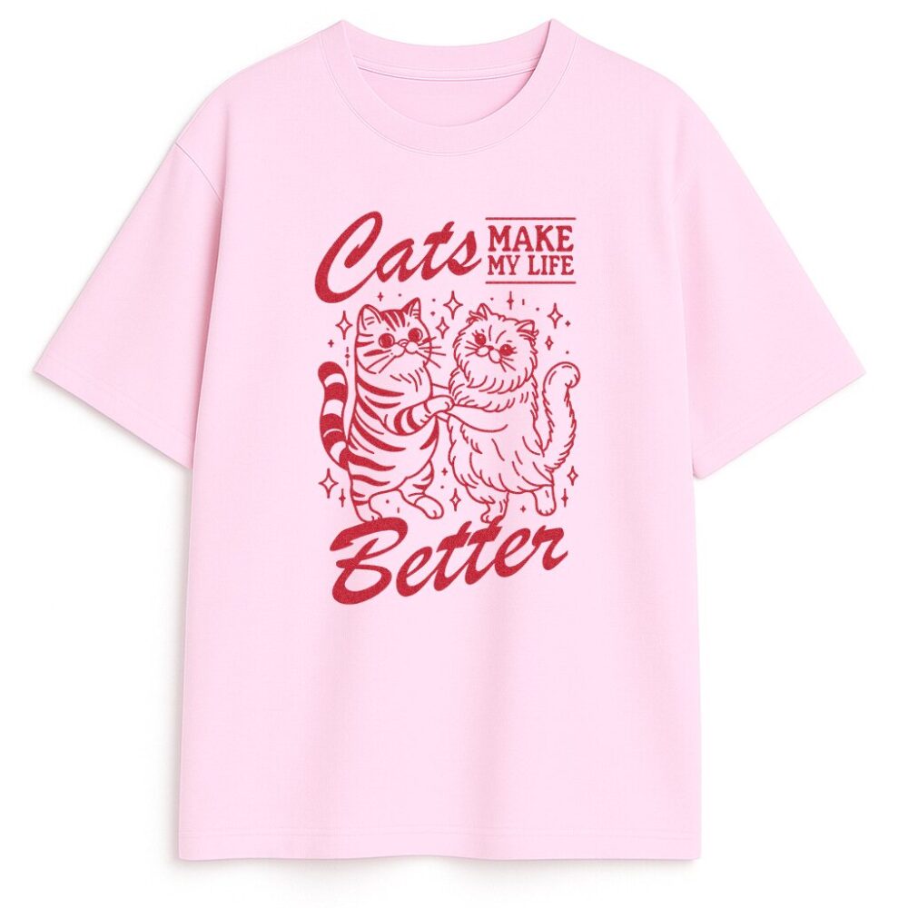różowa koszulka vintage dwa koty i hasło cats make my life better