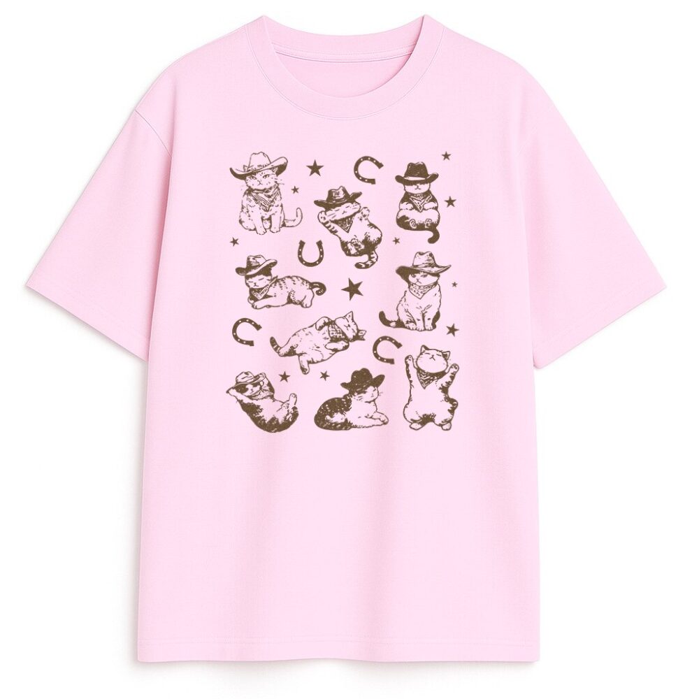 różowa koszulka vintage z kotami w kowbojskich kapeluszach