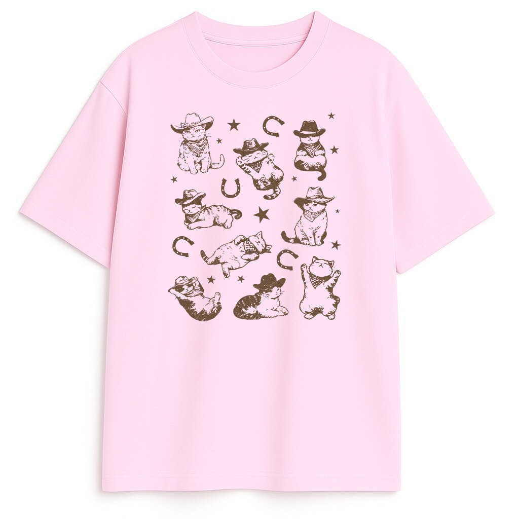 różowa koszulka vintage z kotami w kowbojskich kapeluszach