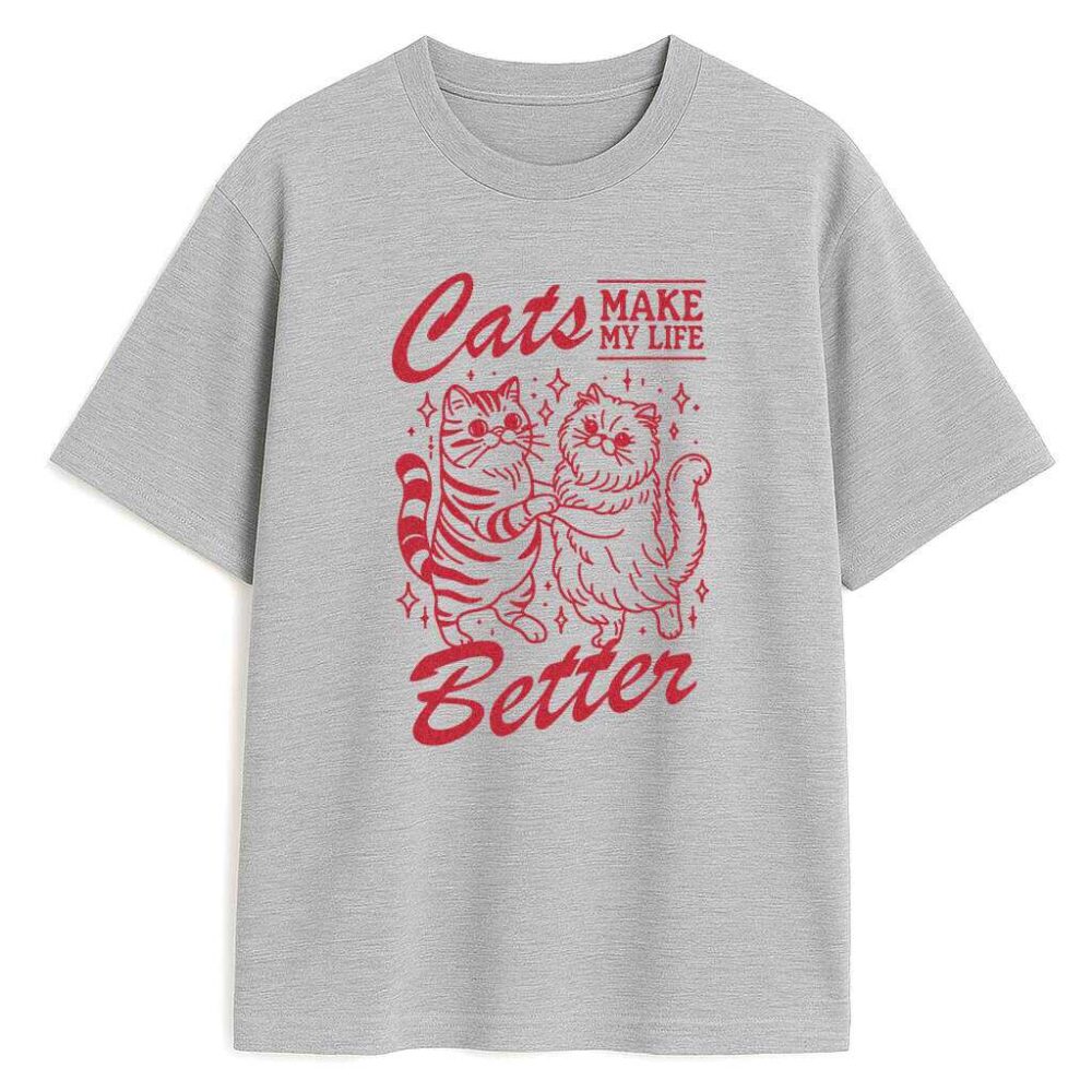 szara koszulka retro z tańczącymi kotami i napisem