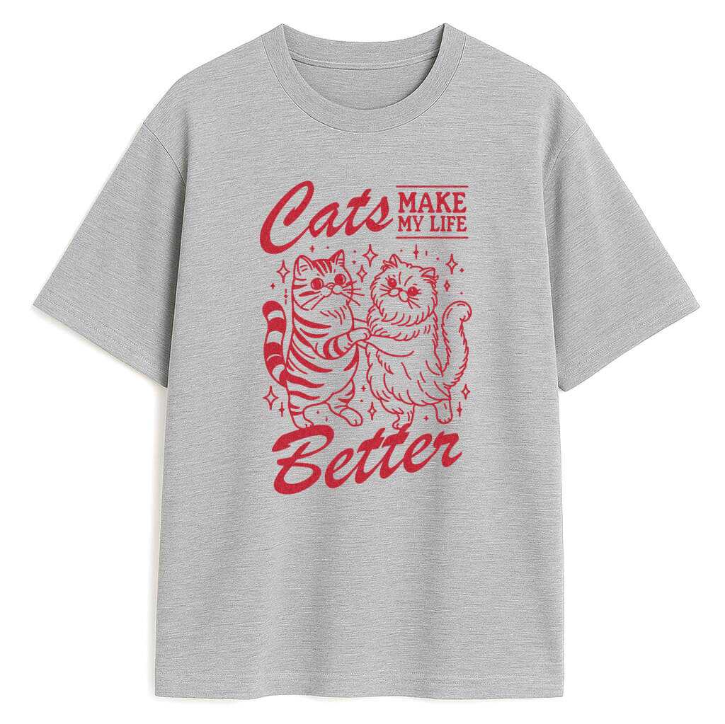 szara koszulka retro z tańczącymi kotami i napisem