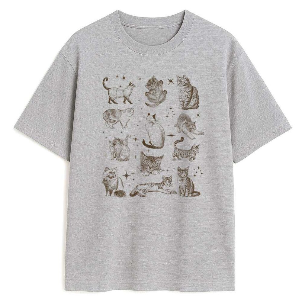Szara koszulka z lineartem wielu kotów w stylu vintage