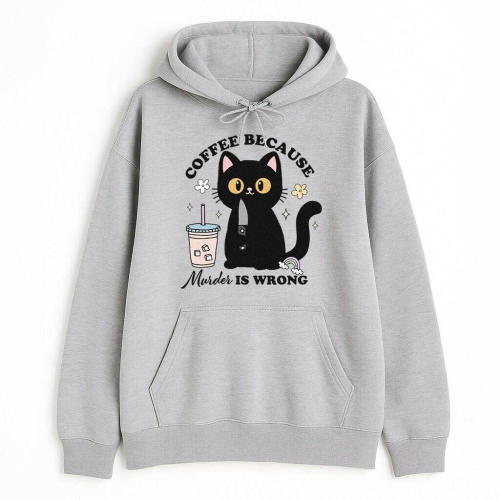 Szara bluza z kapturem kot i kawa - praktyczna kieszeń kangurka