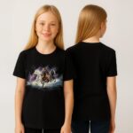 Portret w czarnym t-shircie z grafiką gallopujących koni