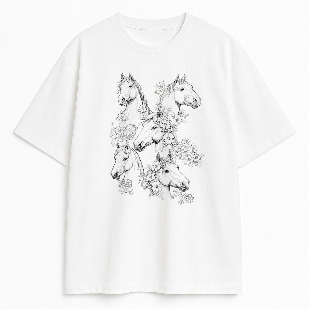 T-shirt Horses Line Art – biała koszulka, widok z przodu; szkic kilku końskich głów i kwiatów