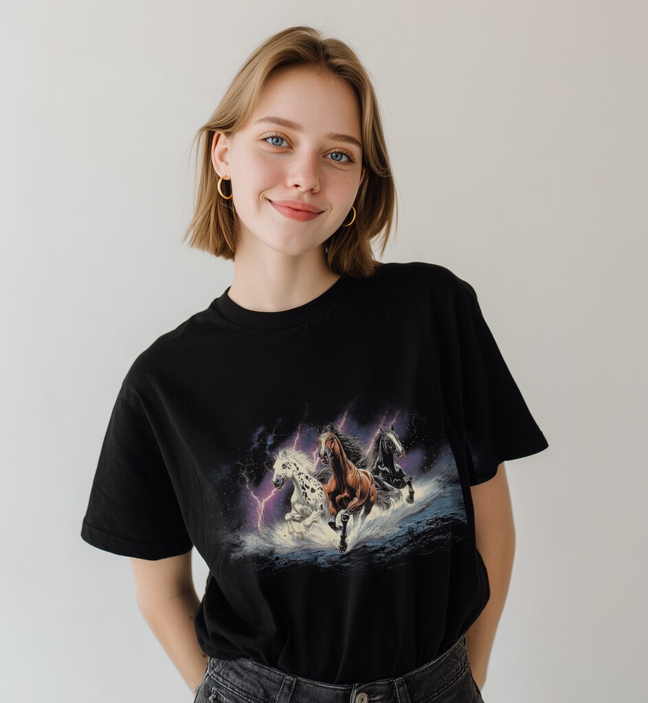 Modelka w czarnej koszulce z pędzącymi końmi i błyskawicami