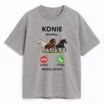 Szary top, widok z przodu; grafika połączenia i trzy sylwetki w galopie na środku