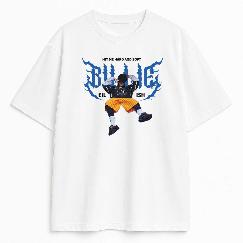 Biała koszulka Billie Eilish Down z nadrukiem inspirowanym trasą Hit Me Hard and Soft, styl retro i streetwear lat 90.