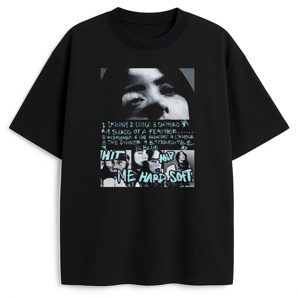T-shirt Billie Eilish Hit Me Hard And Soft z grafiką inspirowaną okładką albumu i listą utworów