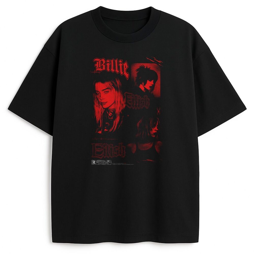 T-shirt Billie Eilish Streetwear z czerwonymi portretami i gotyckim logotypem w stylu zakazanego plakatu
