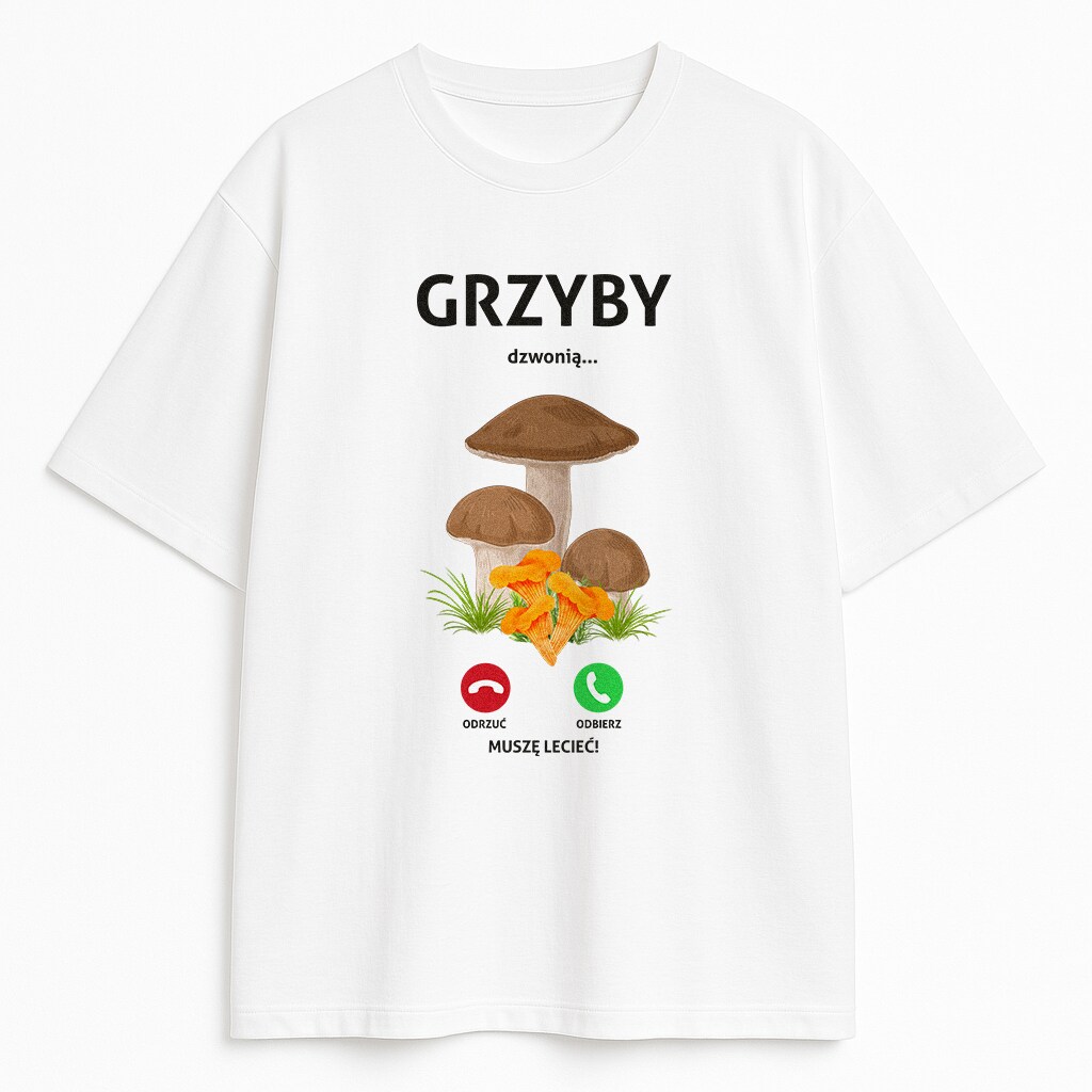 T-shirt Grzyby Dzwonią Muszę Iść - biały biały t-shirt z ekranem połączenia i kapeluszami
