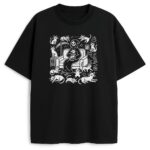 t-shirt kocia śmiertka czarny - front z dużą białą ilustracją kotów