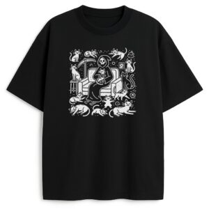 t-shirt kocia śmiertka czarny - front z dużą białą ilustracją kotów