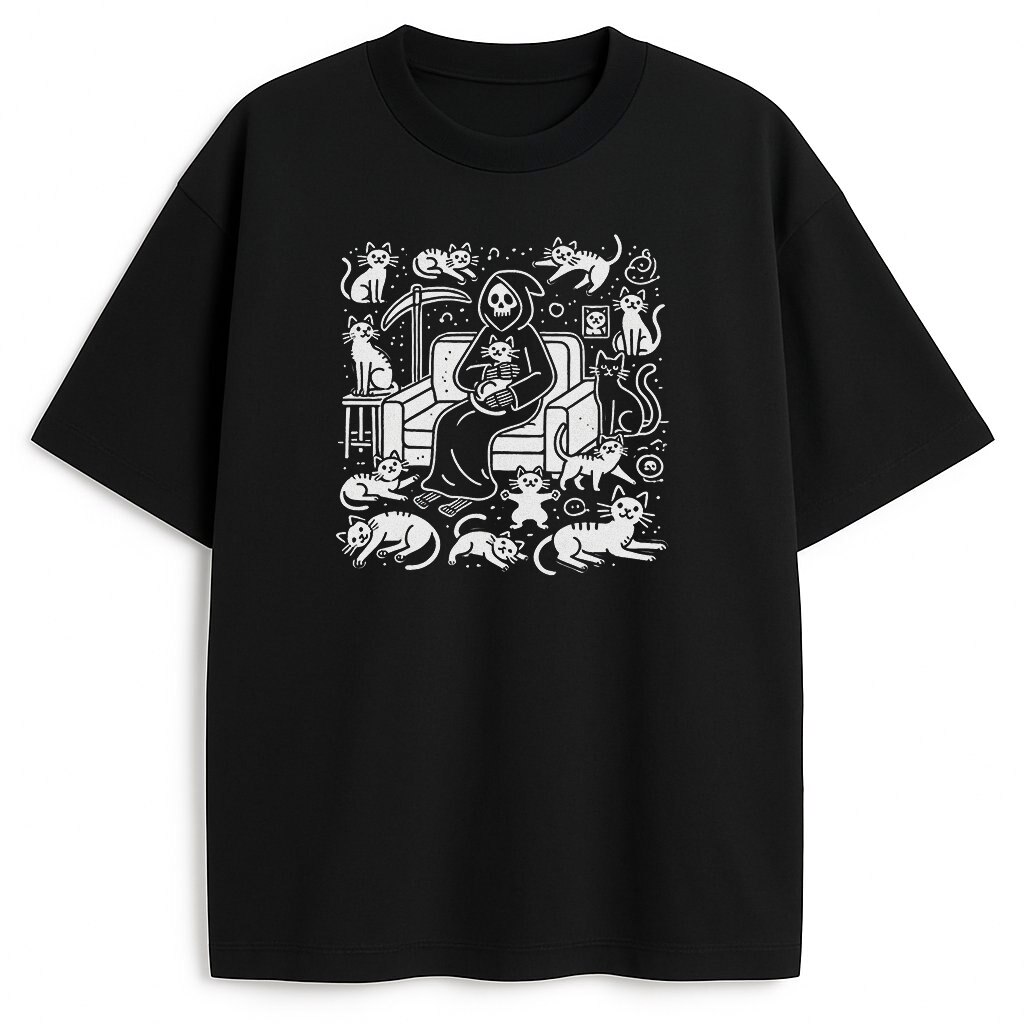 t-shirt kocia śmiertka czarny - front z dużą białą ilustracją kotów