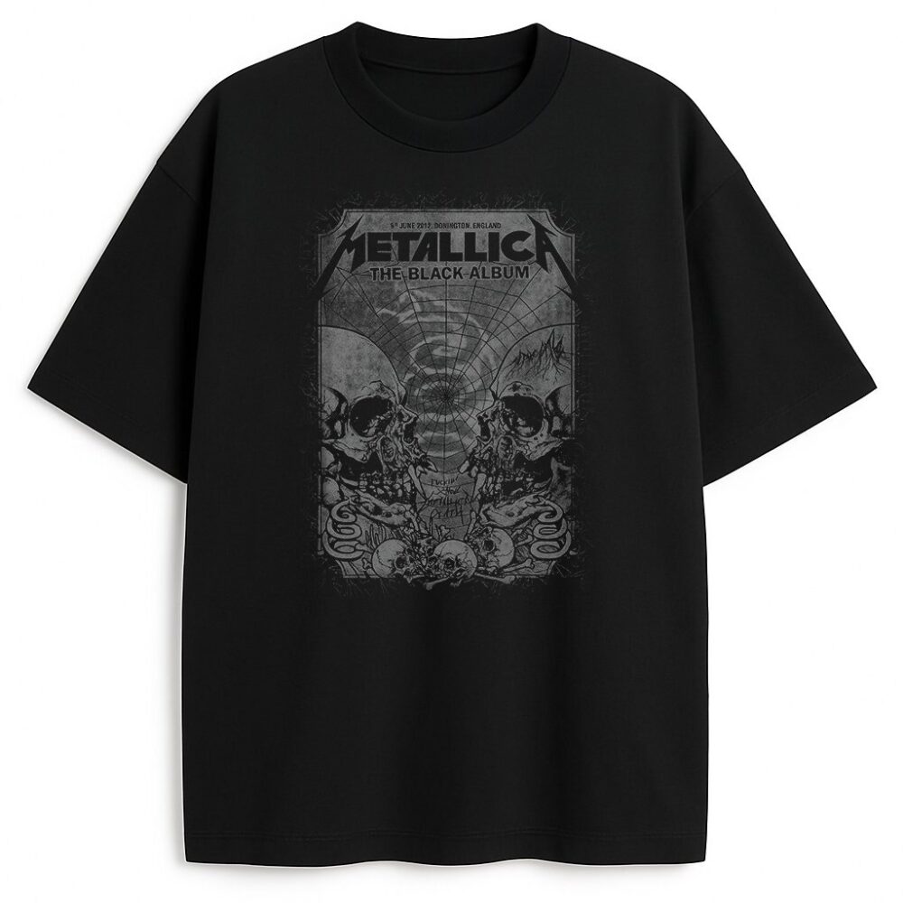 Czarna koszulka Metallica The Black Album z grafiką czaszek i sieci
