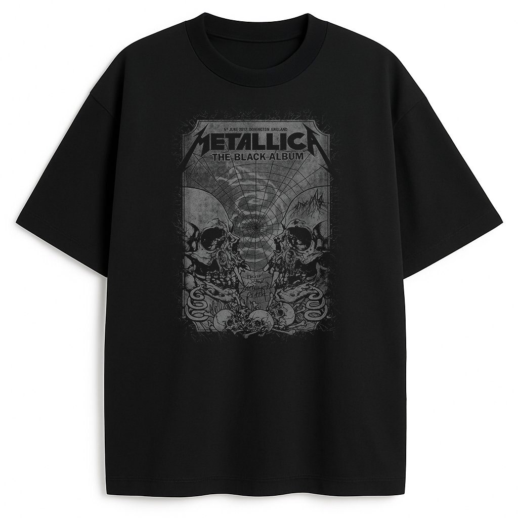 Czarna koszulka Metallica The Black Album z grafiką czaszek i sieci