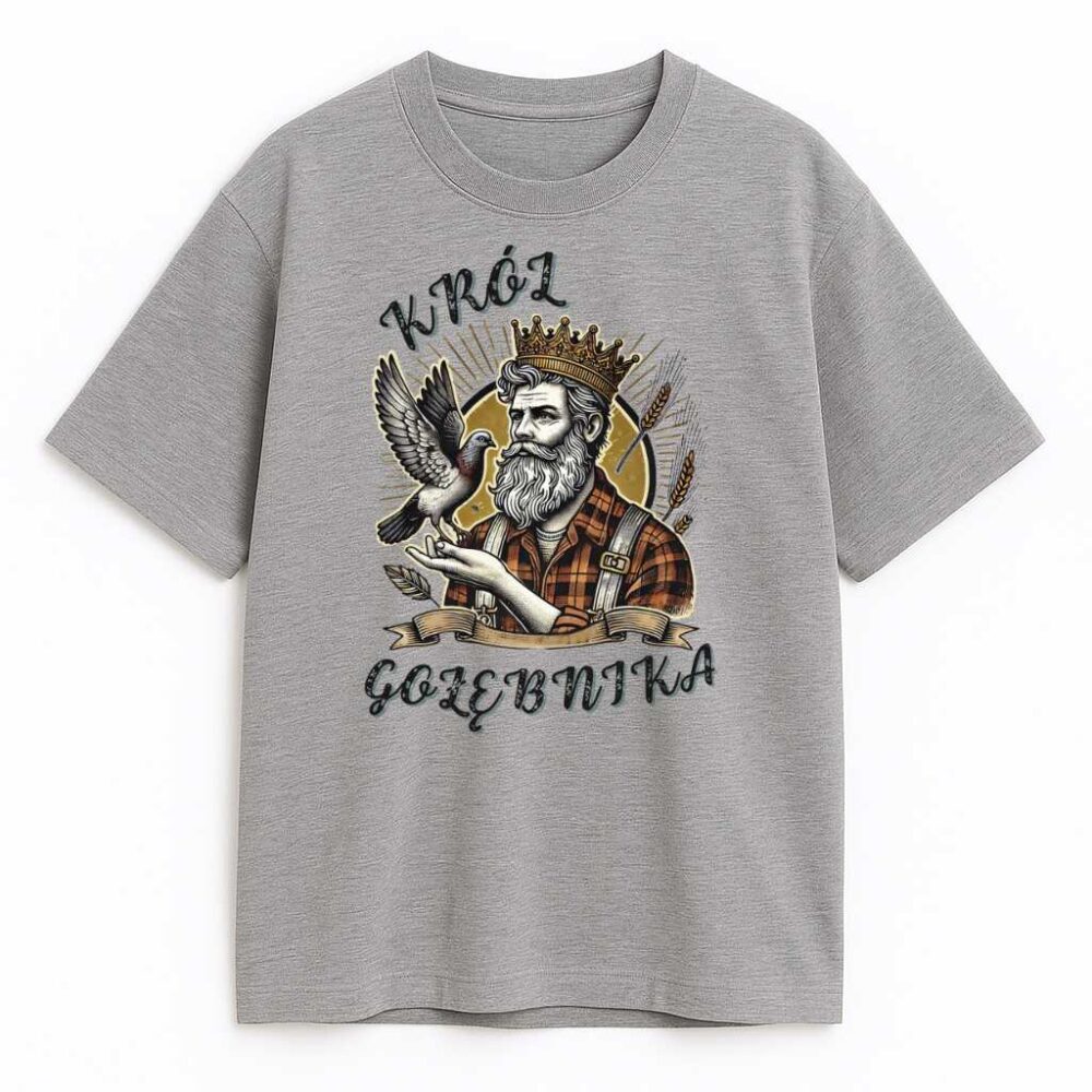 Szara koszulka z wizerunkiem Króla Gołębnika i ptakiem