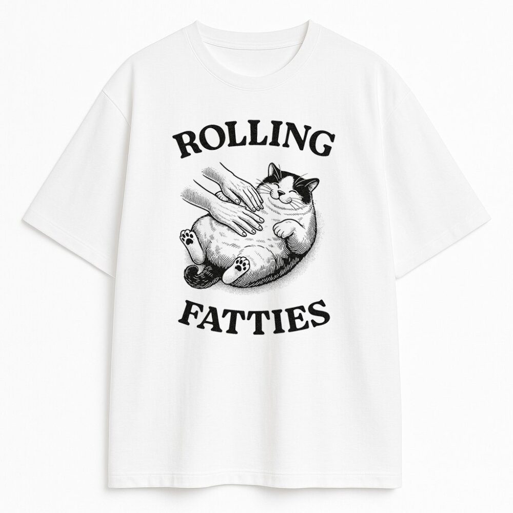 Biała koszulka z kotem Rolling Fatties i dłońmi głaszczącymi brzuch