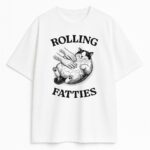 Biała koszulka z kotem Rolling Fatties i dłońmi głaszczącymi brzuch