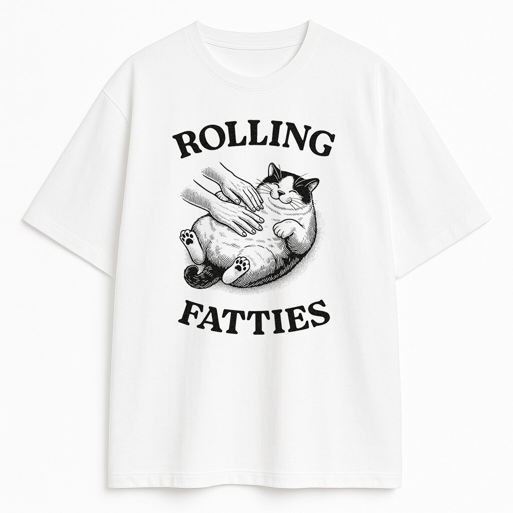 Biała koszulka z kotem Rolling Fatties i dłońmi głaszczącymi brzuch