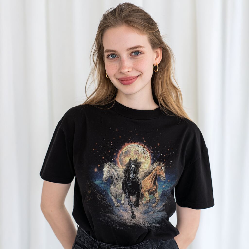 Modelka w czarnej koszulce z pędzącymi końmi na tle księżyca