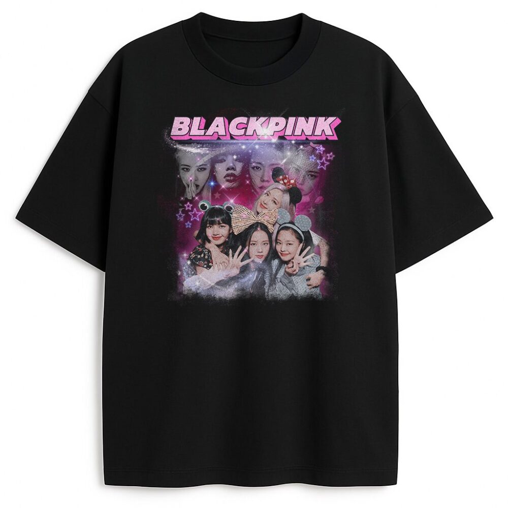 T-shirt Blackpink Bootleg przód z logo i wizerunkiem Jennie Jisoo Rosé Lisa w magicznym tle
