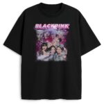 T-shirt Blackpink Bootleg przód z logo i wizerunkiem Jennie Jisoo Rosé Lisa w magicznym tle