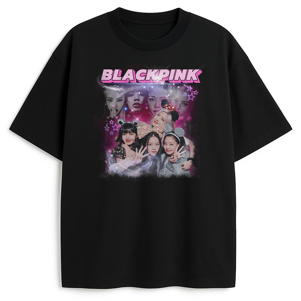 T-shirt Blackpink Bootleg przód z logo i wizerunkiem Jennie Jisoo Rosé Lisa w magicznym tle
