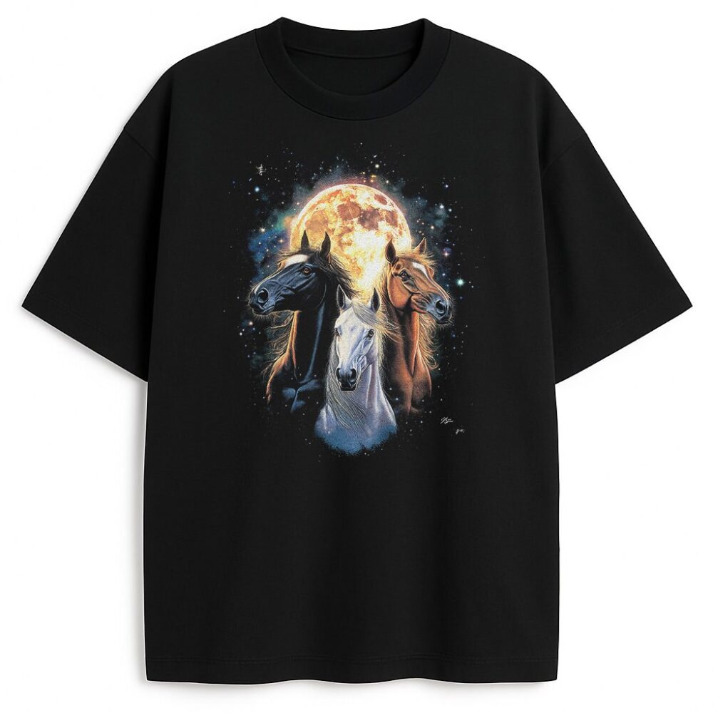 T-shirt Horses Vintage 90s – czarna koszulka z trzema końmi i pełnią, widok z przodu