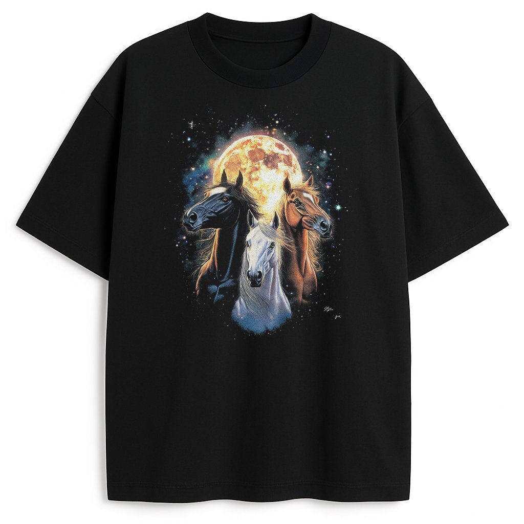T-shirt Horses Vintage 90s – czarna koszulka z trzema końmi i pełnią, widok z przodu